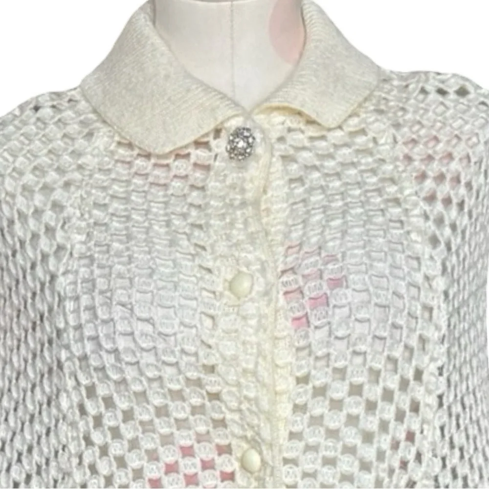 Vintage 60s Crochet knit cape - cream -one size - Picture 2 of 5